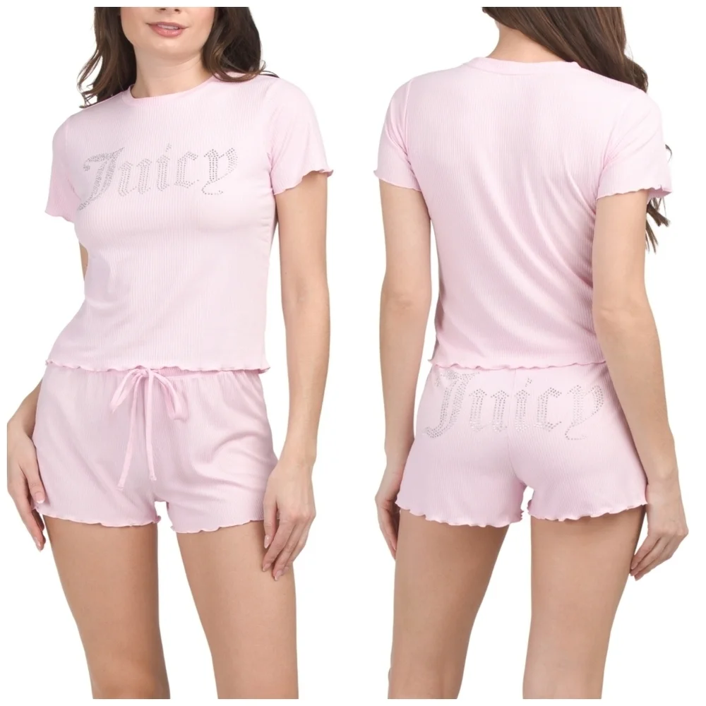 ▪️JUICY COUTURE Candy 2pc Ribbed Short Sleeve Pajama Tee And Matching Shorts Set